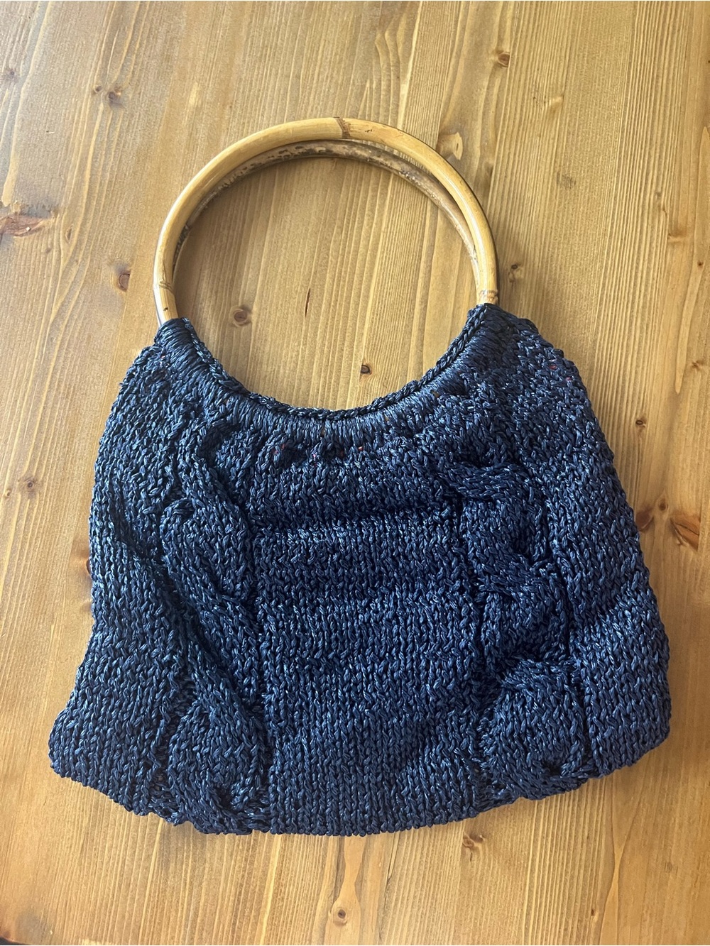 Vintage Woven Navy Handbag with Bamboo Handles